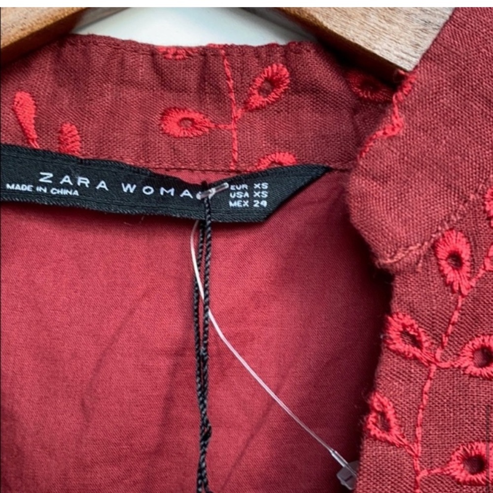 Zara Linen Blouse Women's X-Small Red Eyelet Button Up Shirt 3/4 Sleeve Cotton - Picture 7 of 7